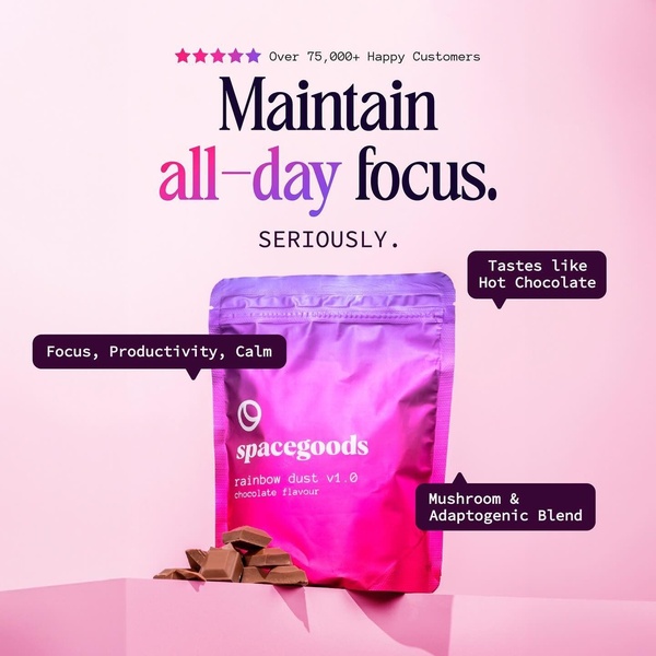 A high-conversion 1:1 square ad for an adaptogenic drink featuring a clear benefit-led hook and feature callouts.